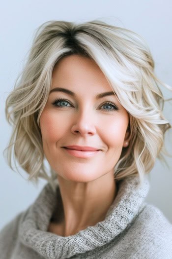 Tousled Ash Blonde Layers Hairstyle on a smiling woman with blonde hair.