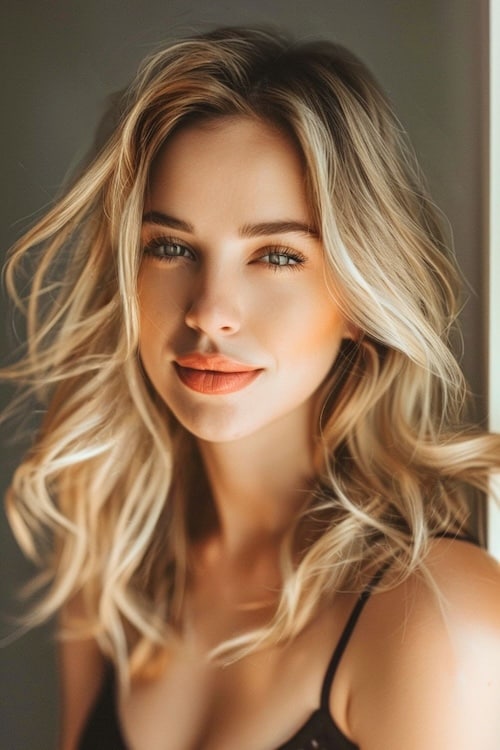 Tousled blonde shoulder-length layers.