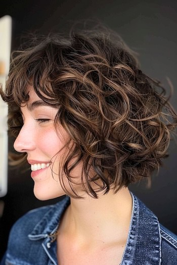 Tousled Bob with Bangs Short Curly Hairstyle.