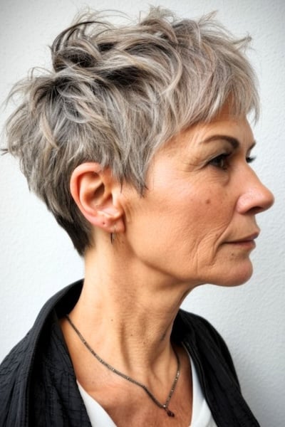 Tousled choppy gray pixie for women in their 50s.