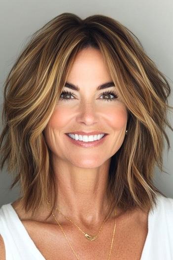 Tousled Choppy Long Bob Hairstyle on a smiling woman with brown hair and face-framing highlights.