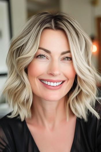 Tousled Layered Beachy Long Bob Haircut on a smiling woman with blonde hair and dark roots.