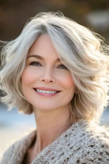 Tousled Layered Bob Haircut on a smiling older woman with frosted blonde and silver hair.