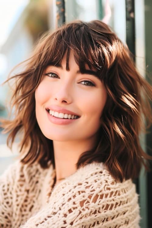 Tousled layered waves with bangs medium-length haircut.