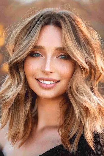 Tousled Layers with Waves Hairstyle on smiling woman with light brown hair and blonde highlights.