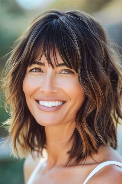 Tousled Lob Medium-Length Hairstyle with Bangs.