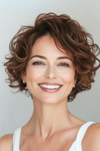 Tousled Loose Curly Pixie with Side-Swept Bangs Hairstyle on a smiling woman with brown hair.