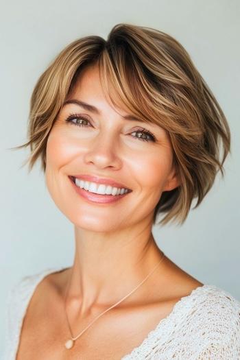 Tousled Side-Parted Pixie with Side-Swept Bangs Hairstyle on a smiling woman with brown hair.