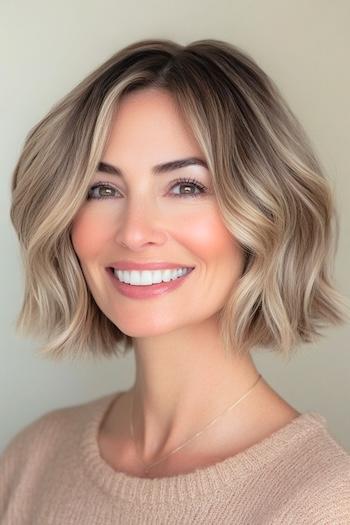 Tousled Wavy Blunt Bob Haircut on a smiling woman with highlighted brown hair.