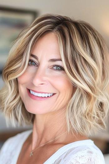 Tousled Wavy Choppy Bob Hairstyle on a smiling older woman with brown hair and blonde highlights.