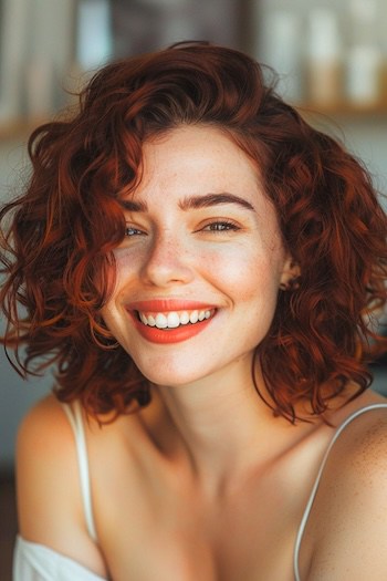 Vivid Red Bob Short Curly Hairstyle.