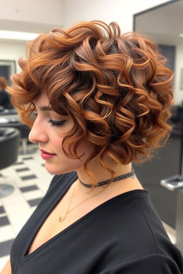 Voluminous Copper Curls, cute short haircut, trendy short hairstyle, cute way wear hair short