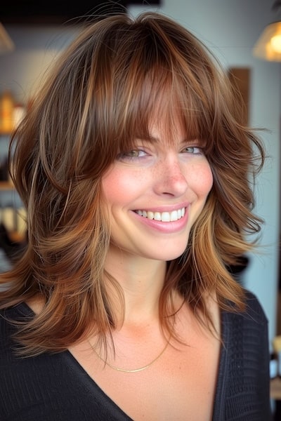 Voluminous Feathered Layers Medium-Length Hairstyle with Bangs.