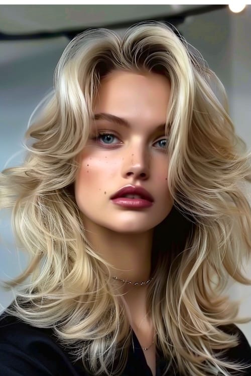 Voluminous layered wavy blonde lob with face-framing long curtain bangs.