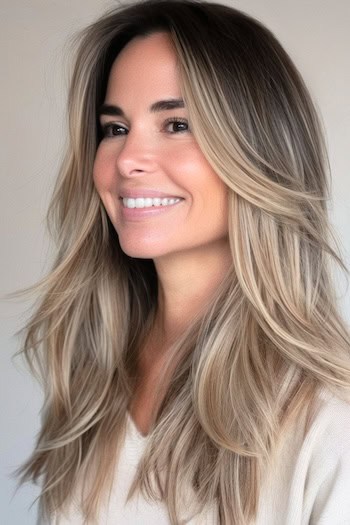 Warm Ash Blonde Layers with Dark Roots Hairstyle on a smiling woman with blonde hair.