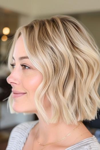 Wavy Blunt Bob With Razored Ends Hairstyle on a smiling woman with blonde hair, side view.