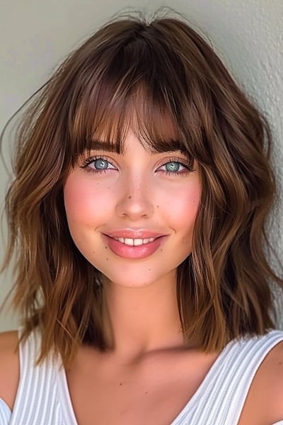 Wavy Blunt Cut Medium-Length Hairstyle with Bangs.