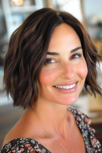 Wavy Bob Hairstyle on a smiling woman with fine brown hair.