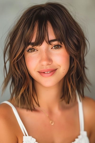 Wavy Bob with Piecey Bangs Medium-Length Hairstyle with Bangs.