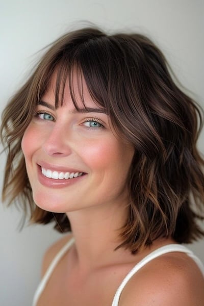 Wavy Bob with Wispy Bangs Medium-Length Hairstyle with Bangs.