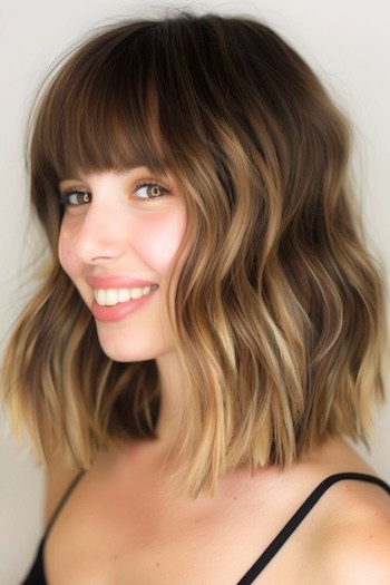 Wavy Lob with Blunt Bangs Haircut.