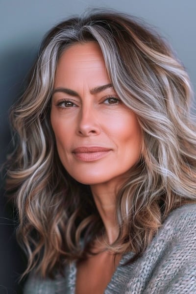 Wavy Lob with Highlights Hairstyle for Women Over 50.