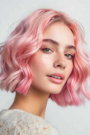 Wavy Pink Bob Pink Hair Color Idea.