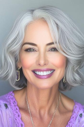 Wavy Silver Layered Bob Haircut on a smiling woman with gray hair.