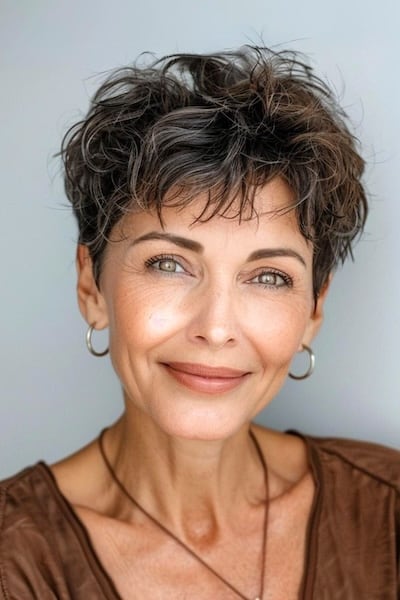 Wavy textured pixie on woman in her 50s.