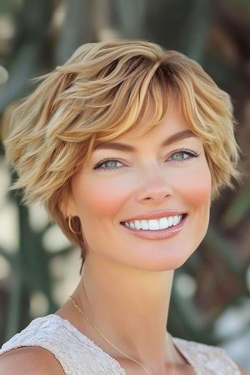 Wavy Textured Pixie with Bangs Hairstyle on a smiling woman with honey caramel hair.