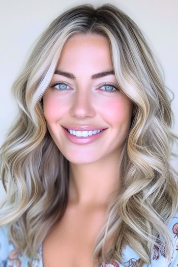 Wheat Ash Blonde Waves Hairstyle on a smiling woman with blonde hair.