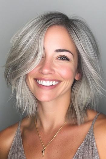 Wispy Choppy Bob Hairstyle on a smiling woman with medium gray hair.