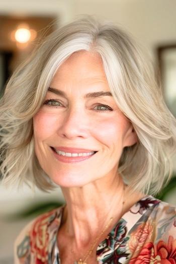 Wispy Layered Bob Hairstyle on a smiling older woman with silvery blonde hair.