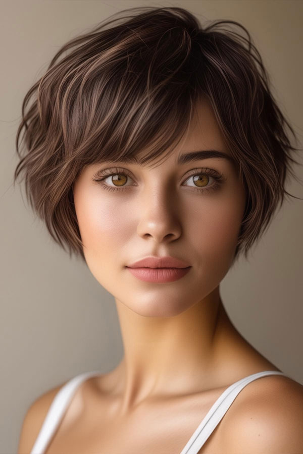 wispy layered bob, short haircut, bixie haircut