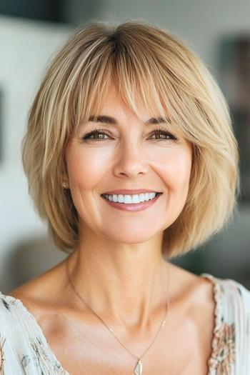 Wispy Layered Bob with Bangs Haircut on a smiling woman with caramel brown hair.