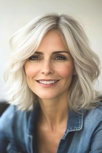 Wispy Layered Long Bob Haircut on a smiling woman with grayish blonde hair.