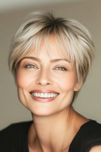 Wispy Layered Pixie with Soft Feathered Bangs Hairstyle on a smiling woman with blonde hair.