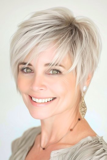 Wispy Silver Ash Blonde Pixie Hairstyle on a smiling woman with blonde hair.