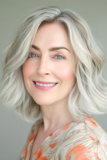 Wispy Wavy Ash Blonde Layers Hairstyle on a smiling woman with blonde hair.