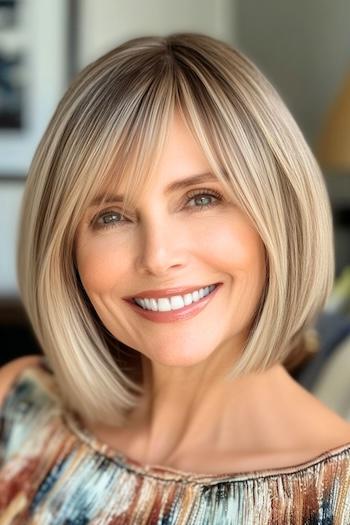 A-Line Bob with Side-Swept Bangs Haircut on a smiling woman with blonde hair.