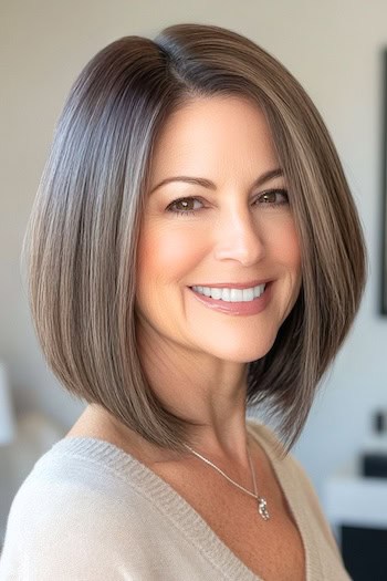 Angled Long Bob Haircut on a smiling woman with light brown hair.