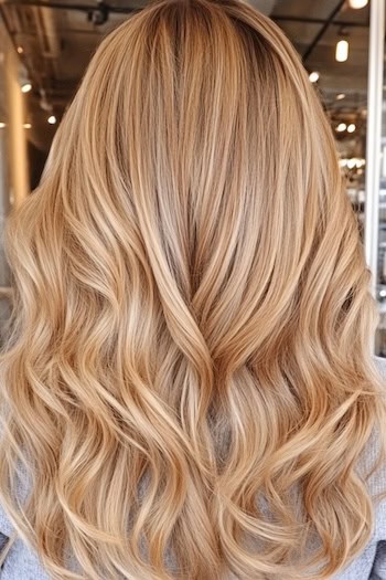 Apricot Honey Blonde Highlighted Waves Hairstyle on a woman with blonde hair in a hair salon, back view.