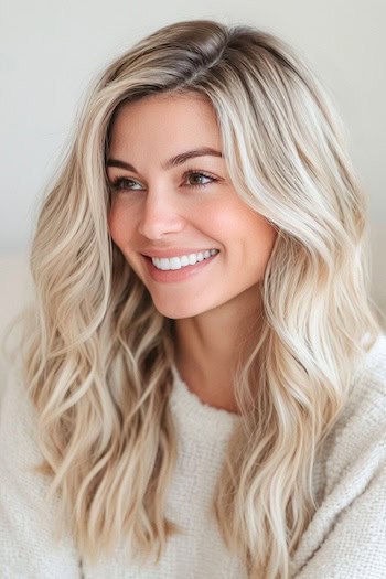 Ash Platinum Blonde Waves Hairstyle on a smiling woman with blonde hair.