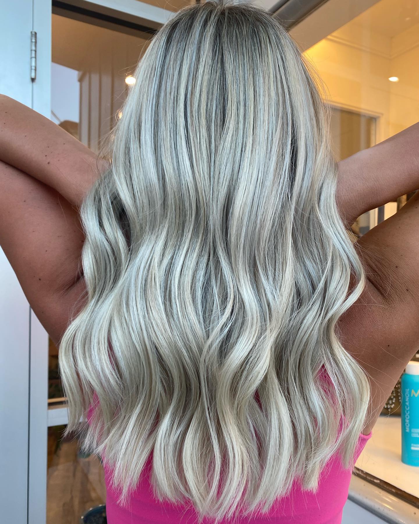 Ashy White Blonde Color on Long Wavy Hair