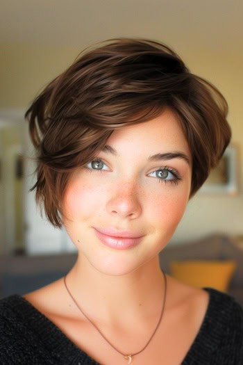 Asymmetrical Pixie Haircut on a young woman with brown hair.