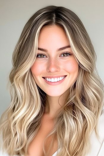 Beachy Blonde Balayage Waves Hairstyle on a smiling woman with blonde hair.