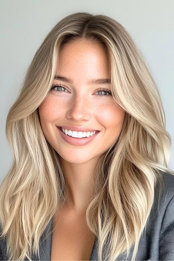 Beige Blonde Waves with Highlights Hairstyle on a smiling woman with blonde hair.