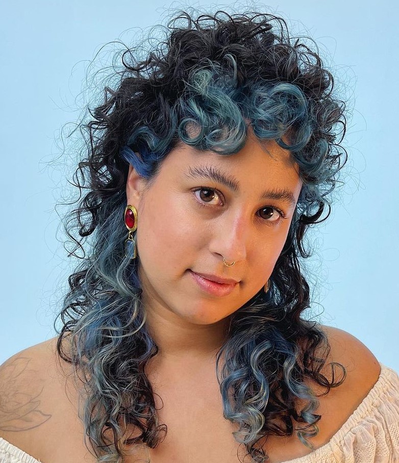 Black Curls with Metallic Blue Color Blocking