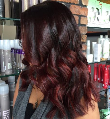 Black Hair With Burgundy And Maroon Balayage