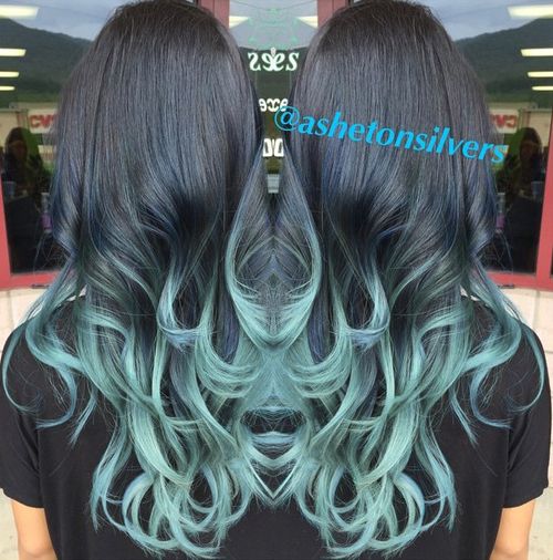 black hair with pastel blue ombre highlights